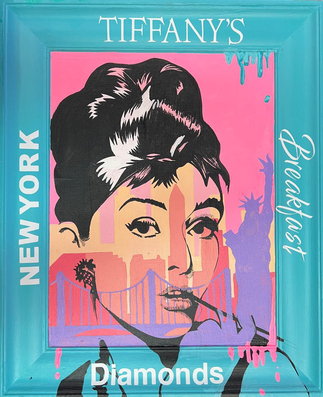 Celebrate the timeless elegance of Audrey Hepburn, with "Audrey Diamonds," a 22"x18" pop art print showcasing colors and bold New York inspired elements created by MJPOP.