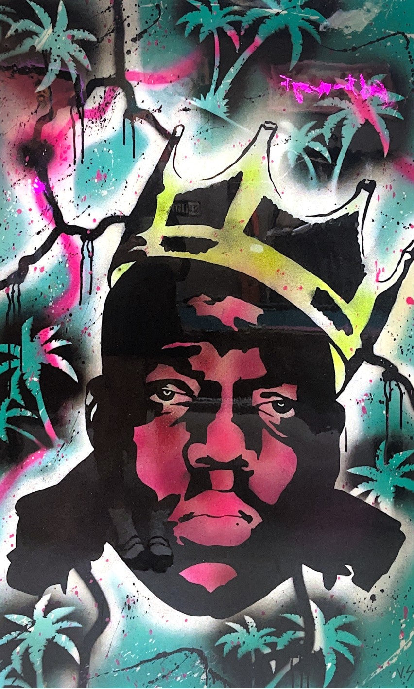 Biggie Smalls neon graffiti wall art (30" x 48") featuring his iconic crowned portrait, vibrant Miami street art design, palm trees, and electrifying neon accents. Perfect for hip-hop decor, rap fans, and urban art collectors.