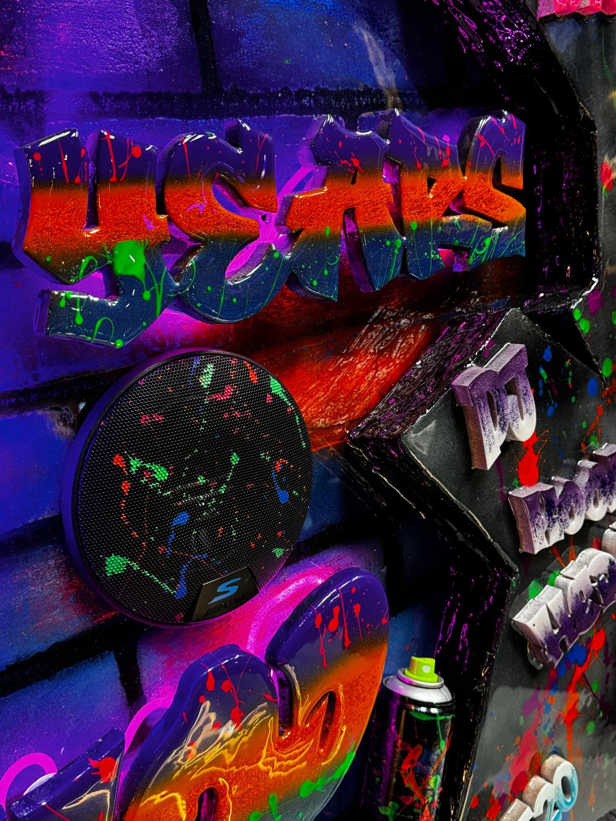 Mixed-media wall art with Bluetooth speaker, LED color control, and epoxy finish