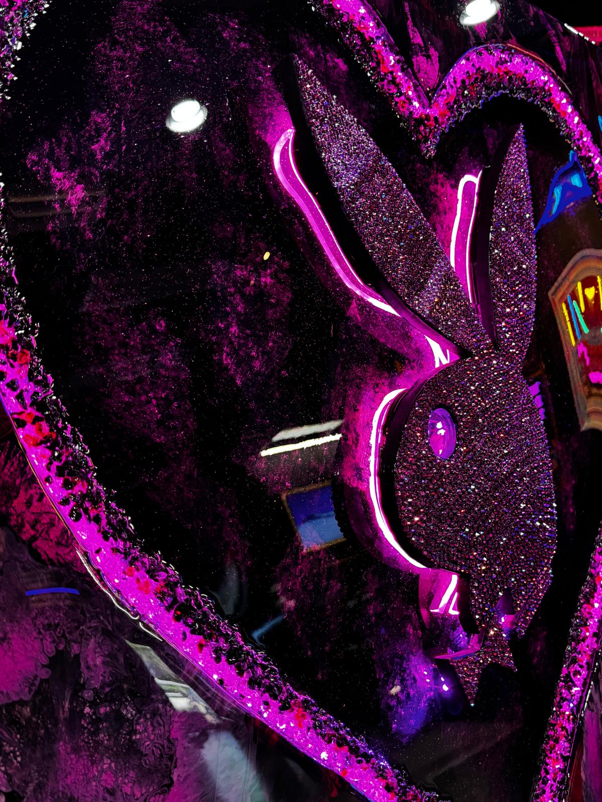 Modern mixed-media artwork with Swarovski crystals, epoxy finish, and LED lights.