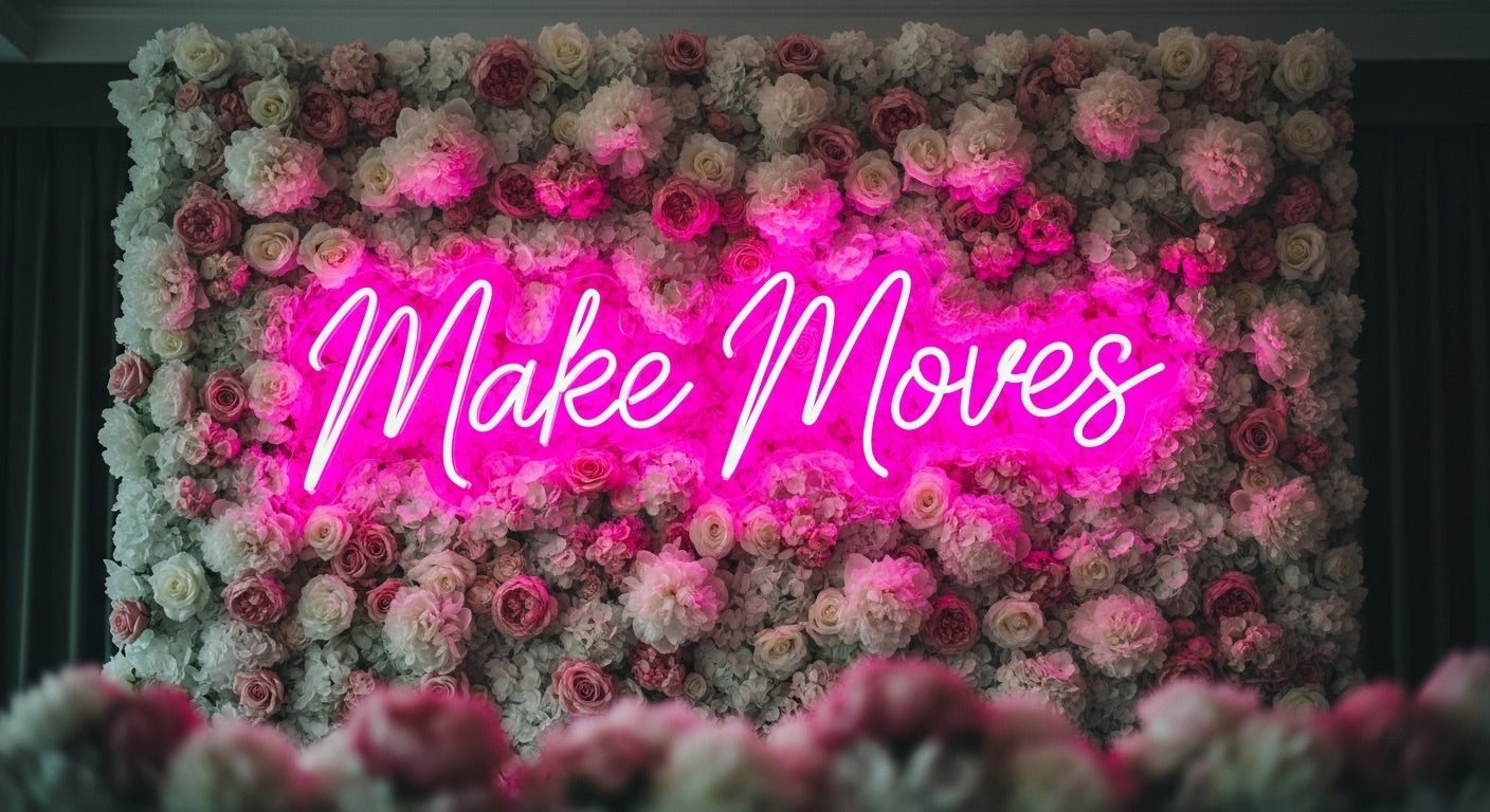 Make Moves Neon Sign - pink neon on flower background