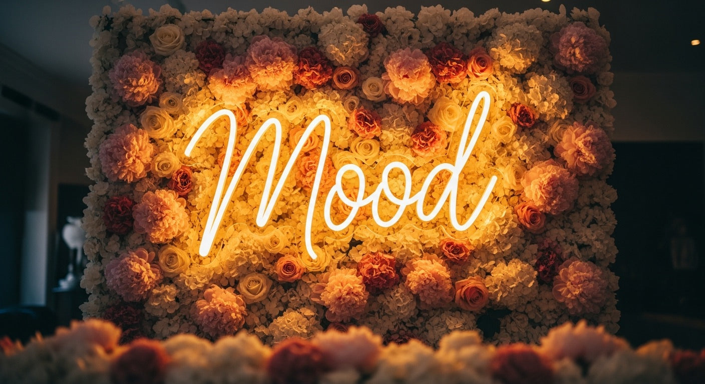 Mood Neon Sign - yellow neon on flower background