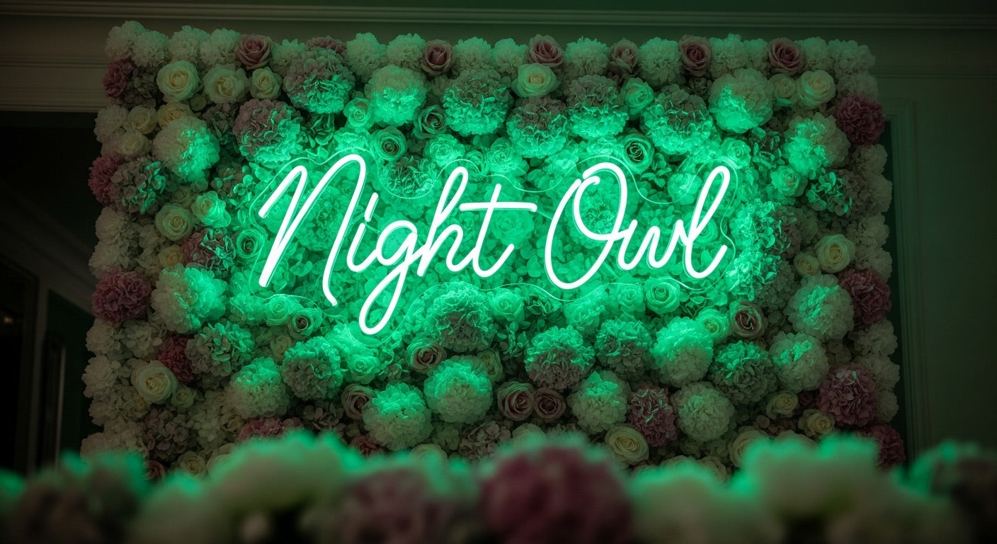 Night Owl Neon Sign - green neon on flower background