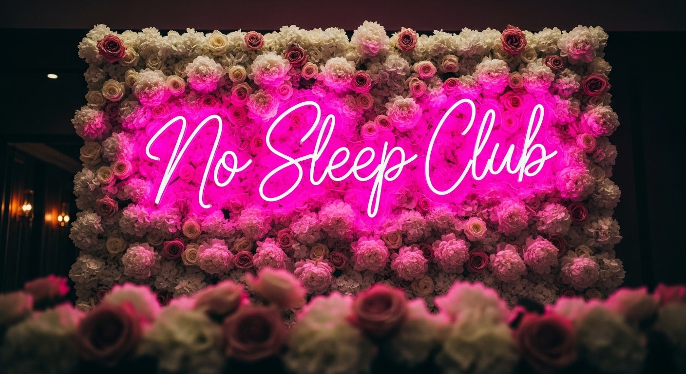 No Sleep Club Neon Sign - pink neon on flower background