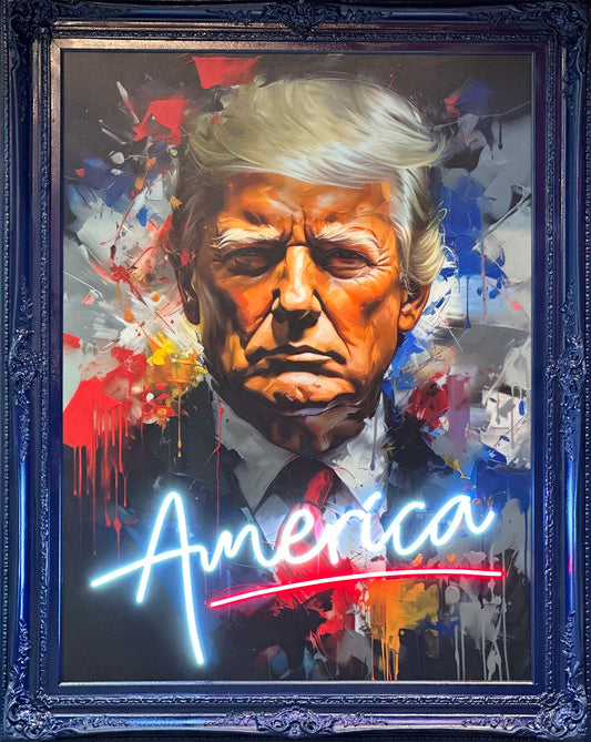 HUGE Navy Blue Framed LED Fine Wall Art "Donald's America" Feature