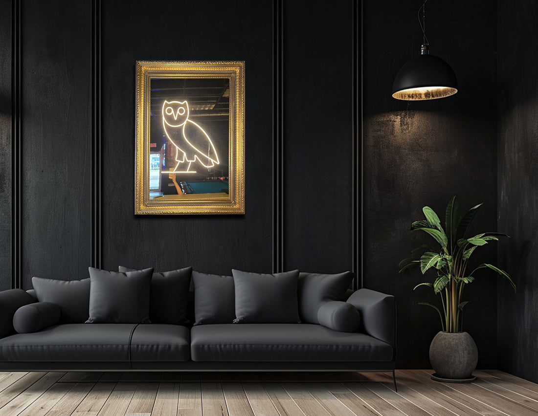 Nocturnal Glow: Neon Owl Framed Art - A Mystical Touch of Elegance