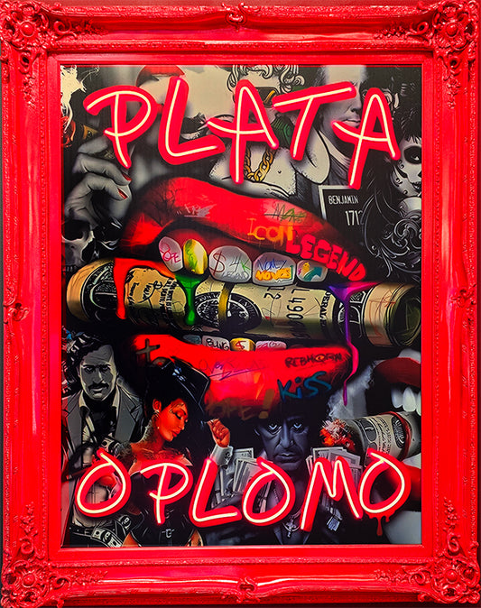 Plata o Plomo – 58" x 46" Framed Neon Artwork