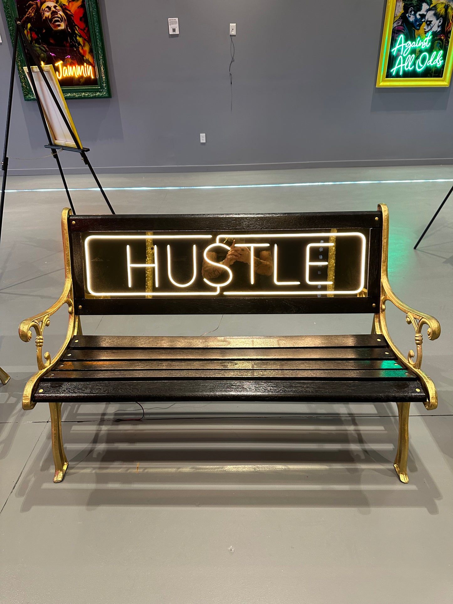 "Hu$tle" Black and Gold LED Bench