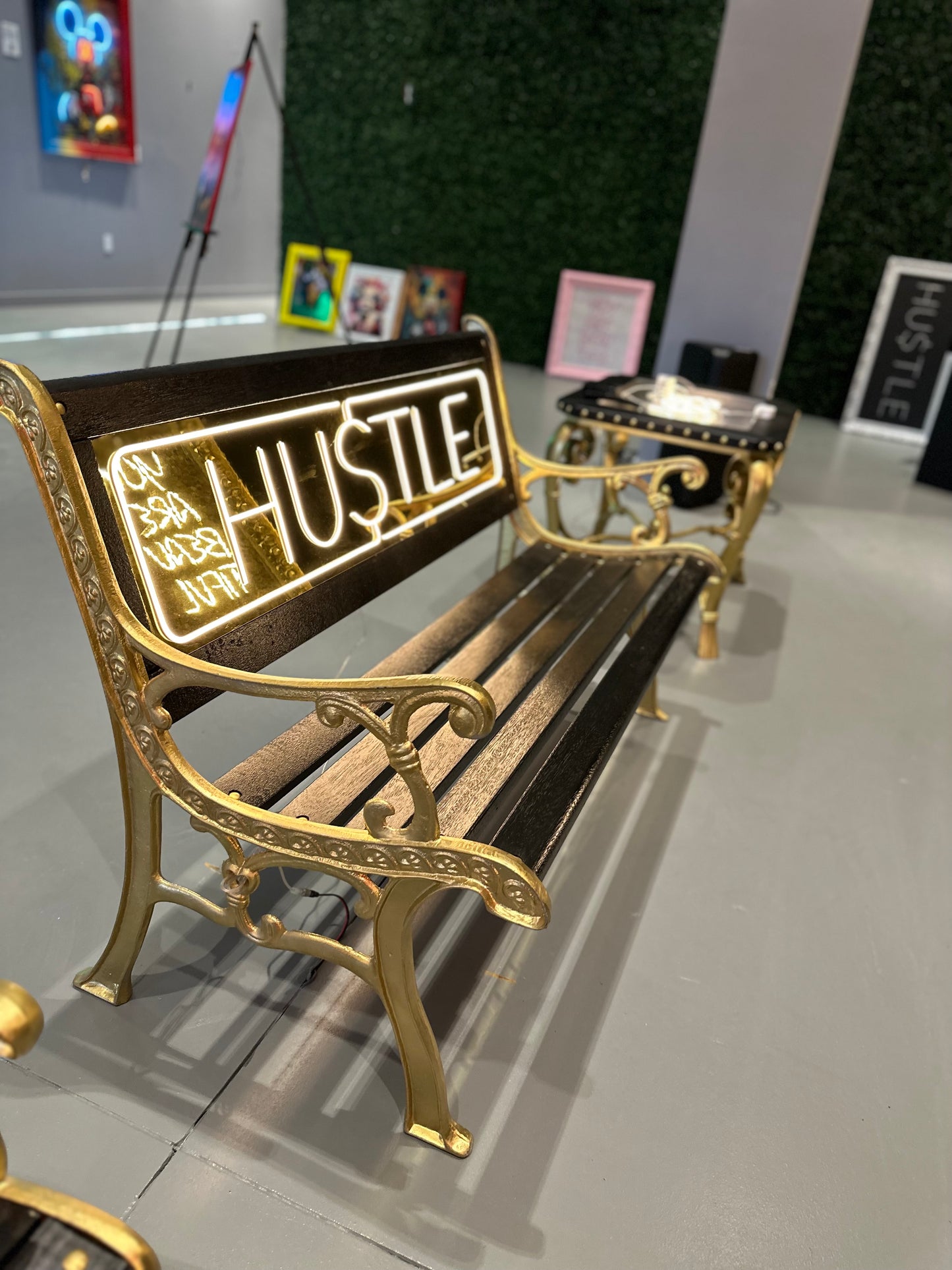 "Hu$tle" Black and Gold LED Bench