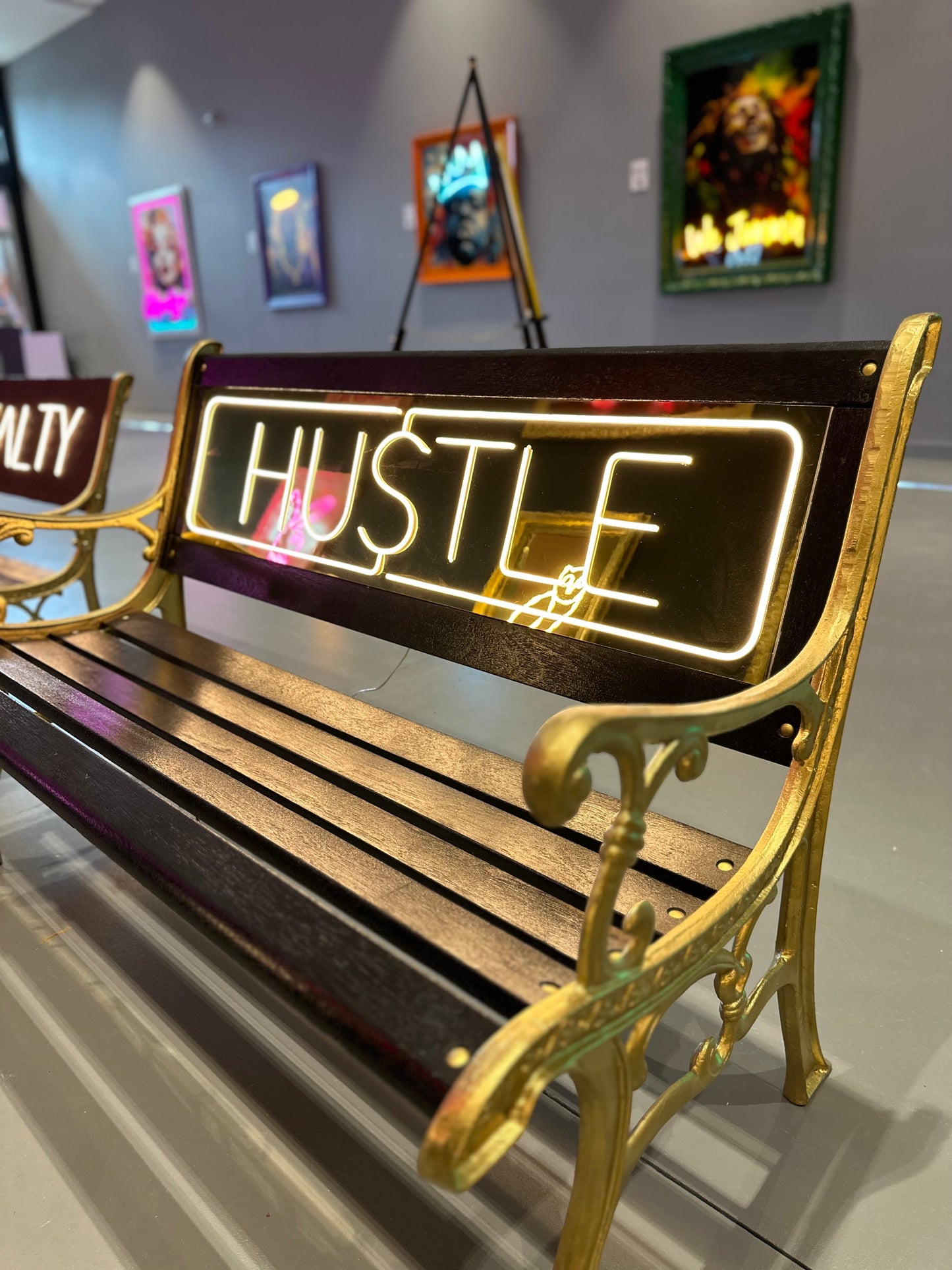 "Hu$tle" Black and Gold LED Bench