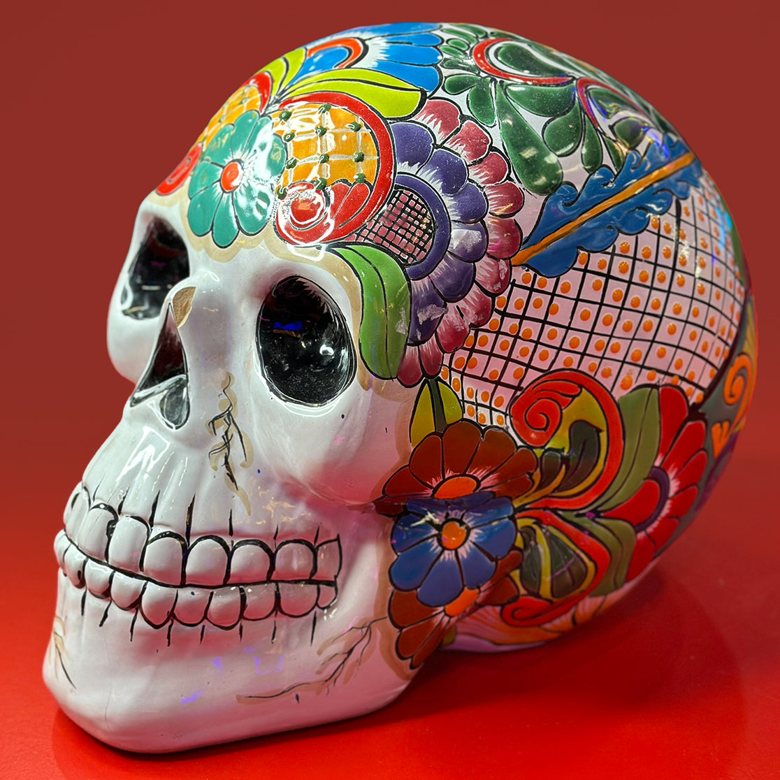 Francisco Uhmay Hand-Painted Día de los Muertos Skull Sculpture (35 cm)