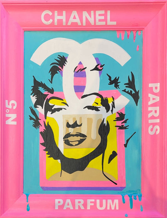 Marilyn No. 5" by MJPOP – a 22" x 18" Marilyn Monroe pop art print featuring Chanel No. 5 perfume design, luxury wall art, pink and turquoise decor, and modern celebrity artwork