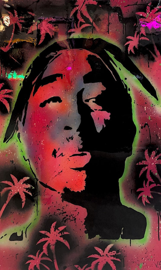 Resin-covered Tupac Shakur graffiti wall art (30" x 48") featuring a bold black silhouette, neon spray-painted background, palm trees, and urban street art style.