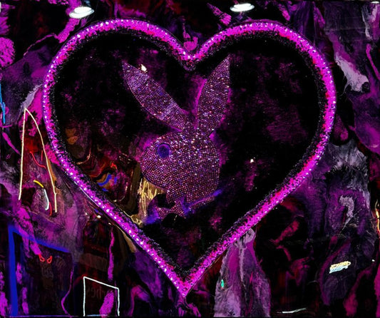 Luxury epoxy wall art with Swarovski crystals PLAYBOY CENTER piece and LED lighting in a heart design IN PINK