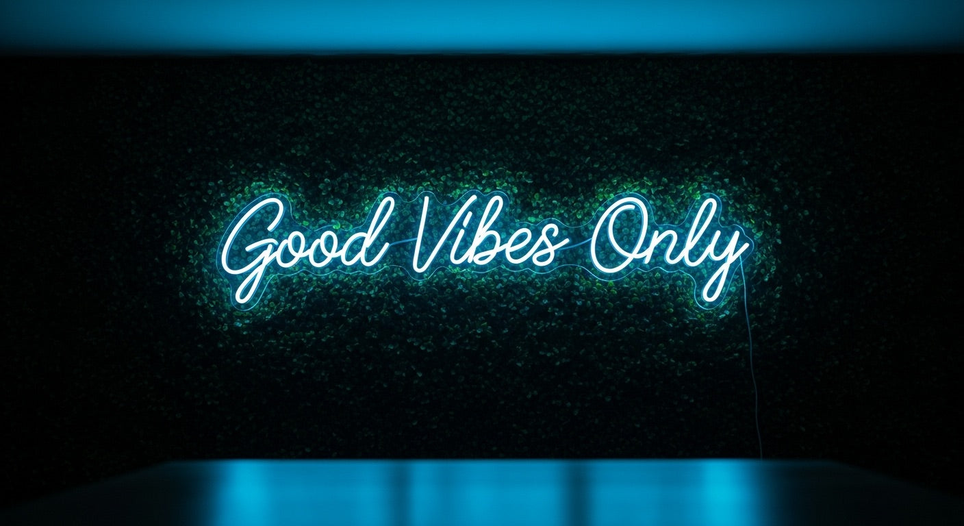 Good Vibes Only Neon Sign - iceblue neon on grass background