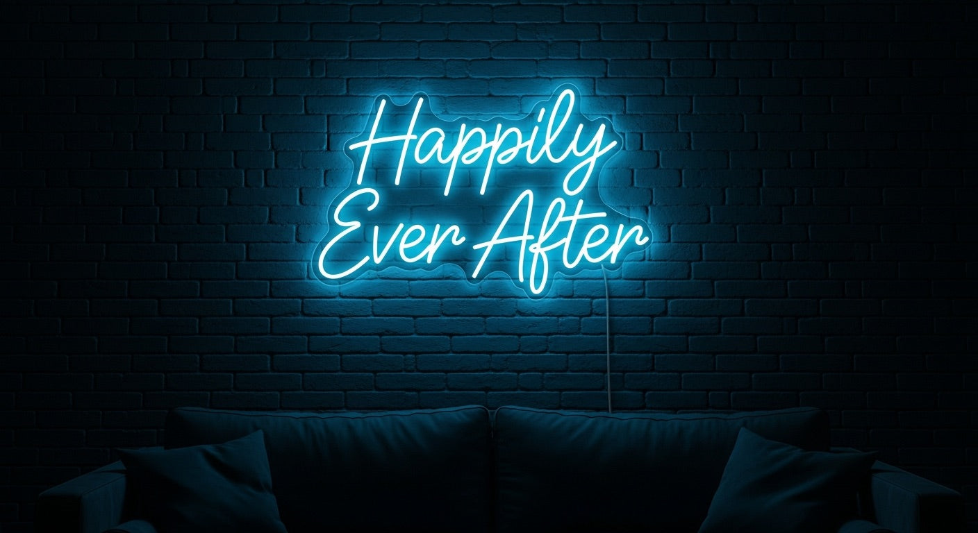 Happily Ever After Neon Sign - ice blue neon on brick background