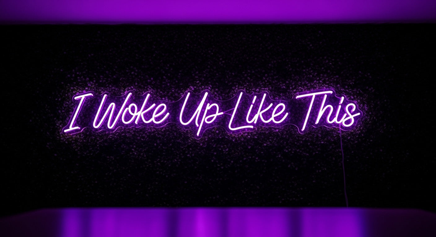 I Woke Up Like This Neon Sign - purple neon on grass background