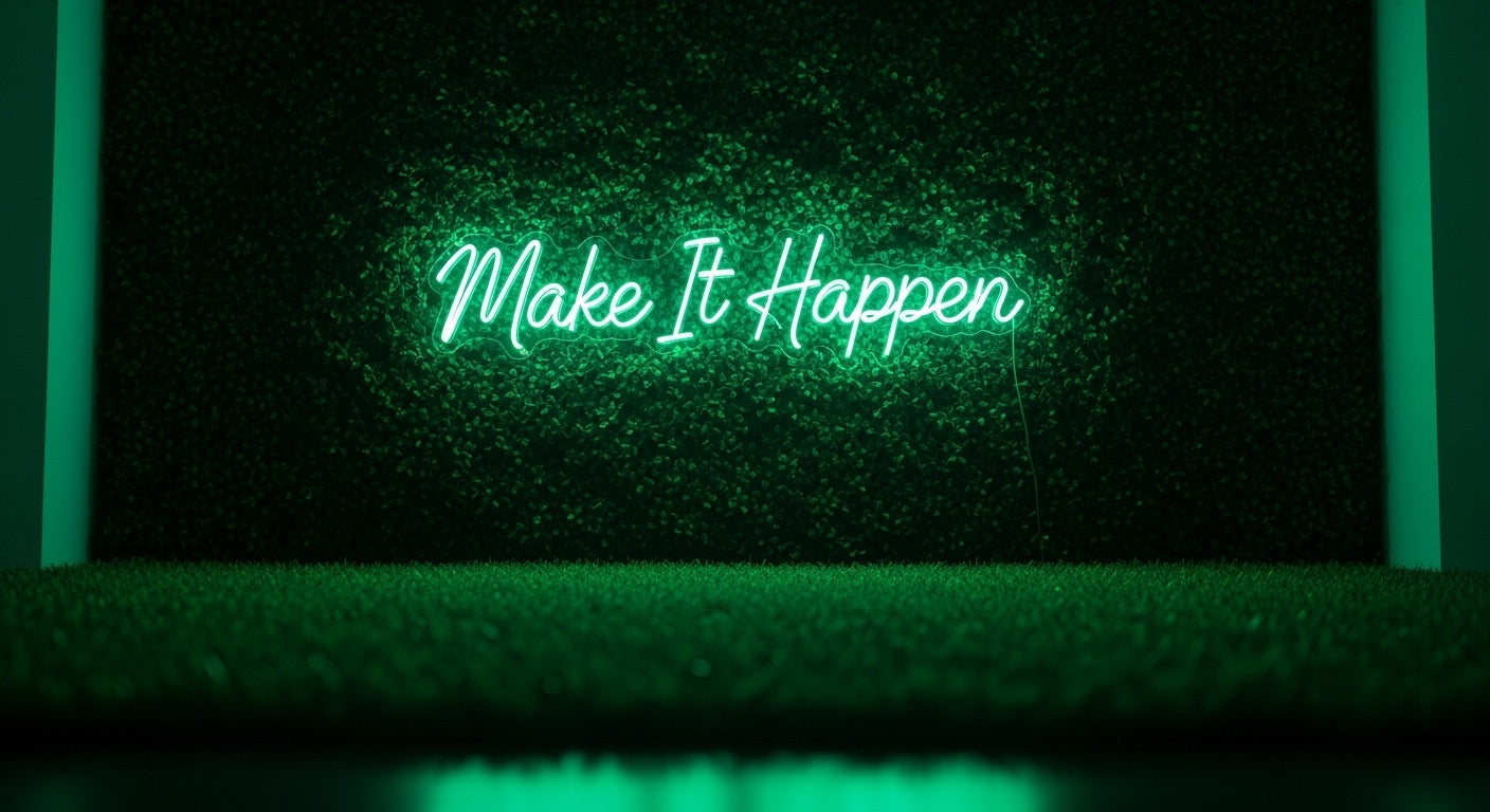 Make It Happen Neon Sign - green neon on grass background