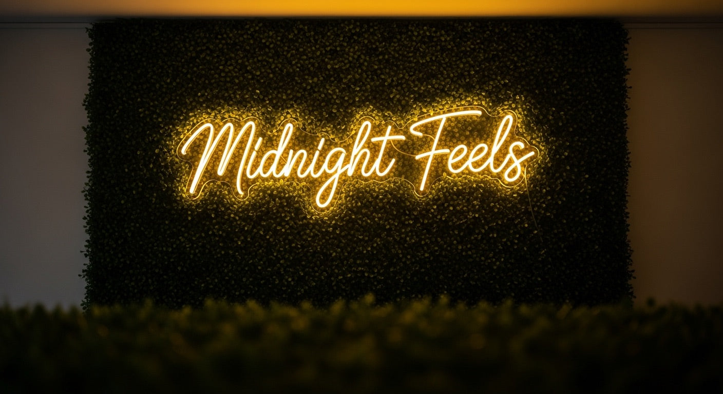 Midnight Feels Neon Sign - yellow neon on grass background