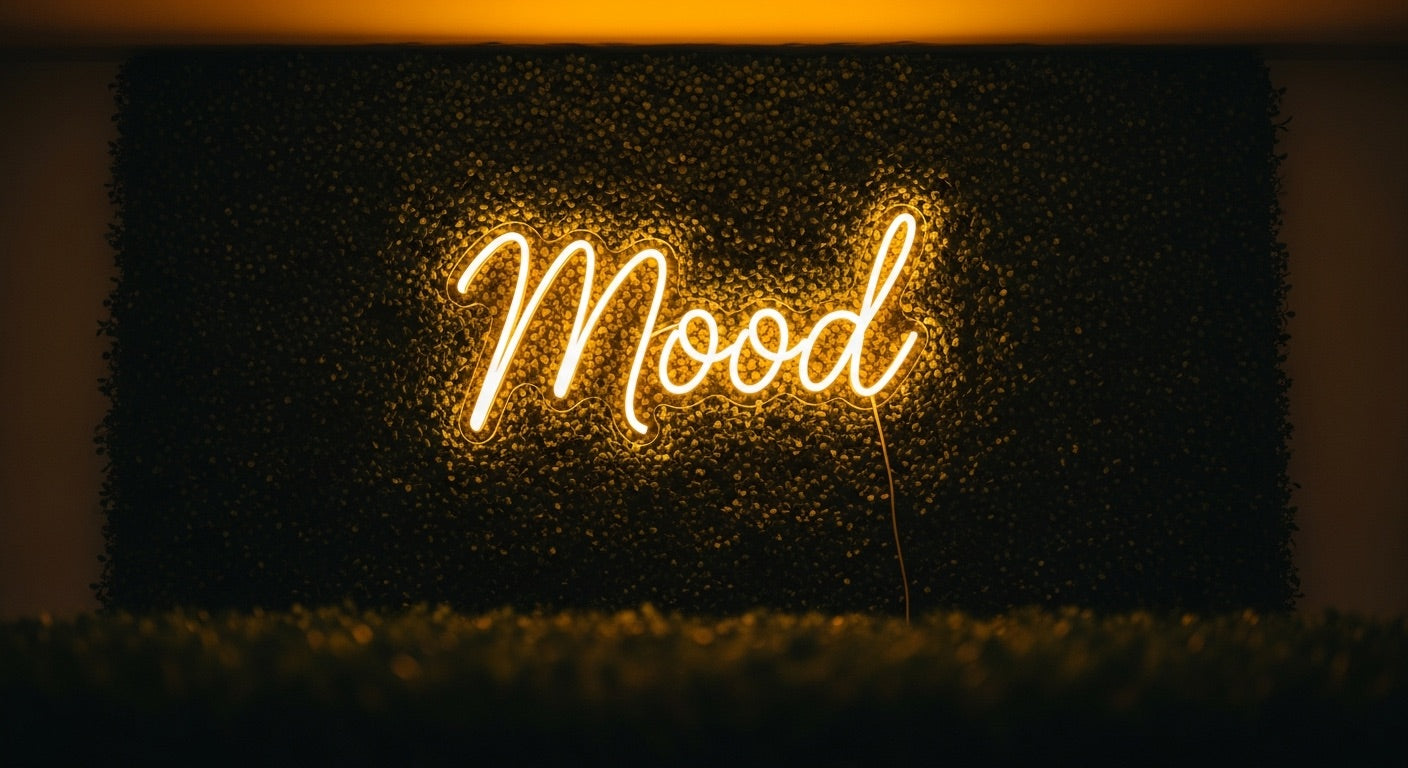 Mood Neon Sign - yellow neon on grass background