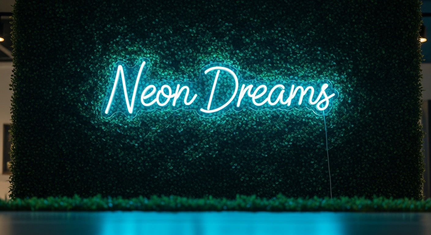 Neon Dreams Neon Sign - ice blue neon on grass background