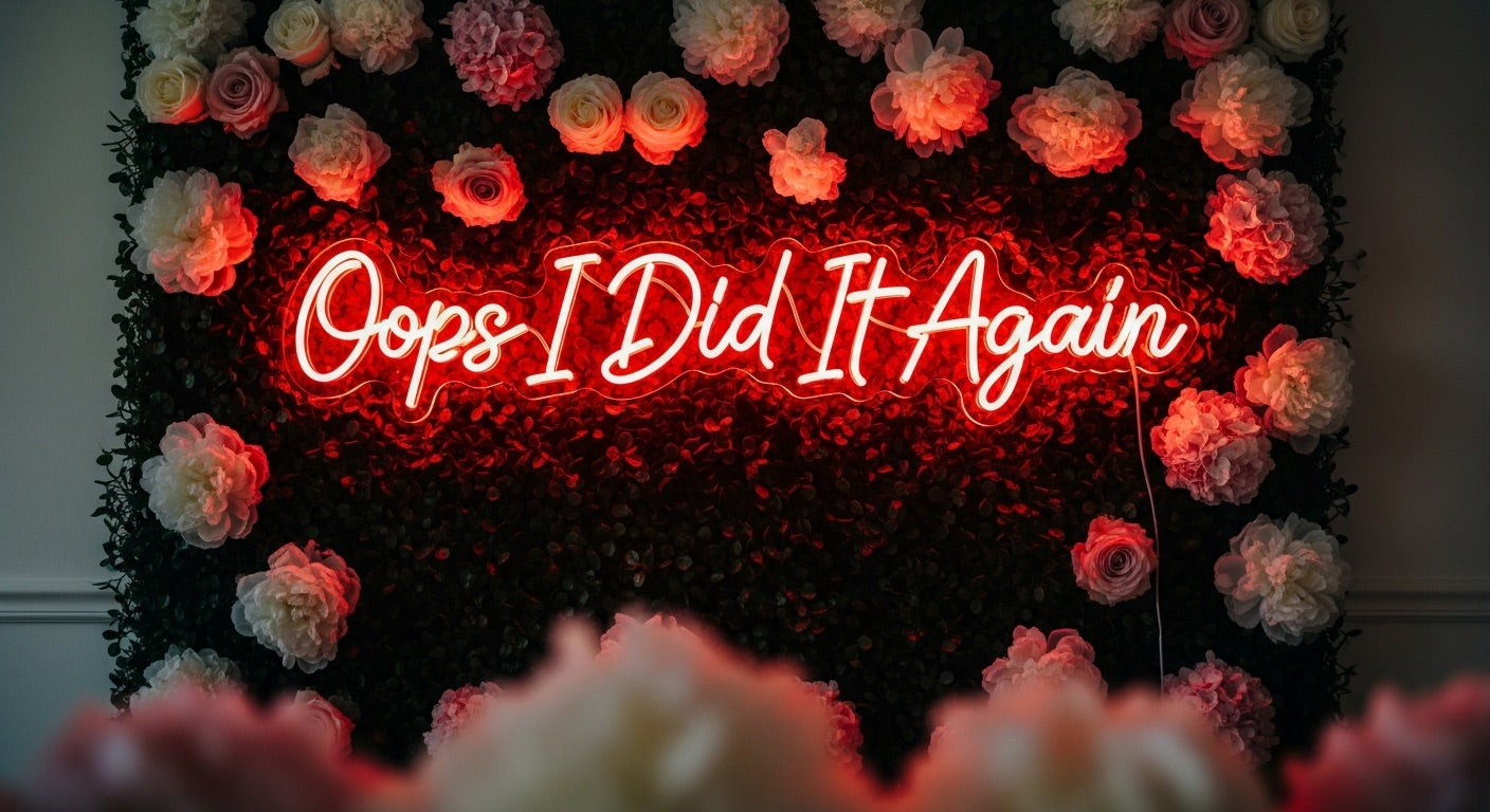 Oops I Did It Again Neon Sign - red neon on flower background