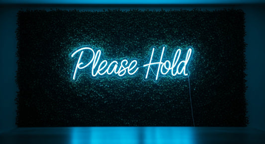 Please Hold Neon Sign - ice blue neon on grass background