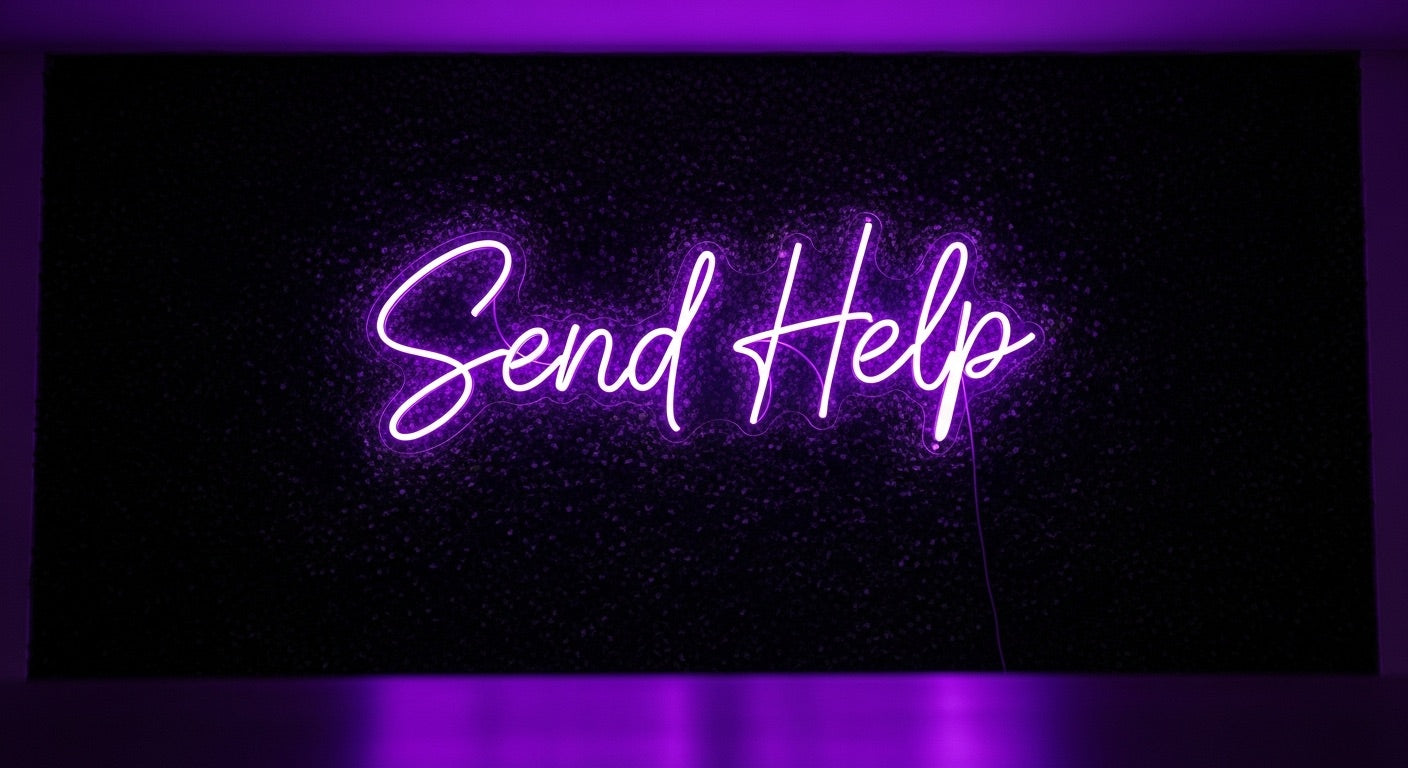 Send Help Neon Sign - purple neon on grass background