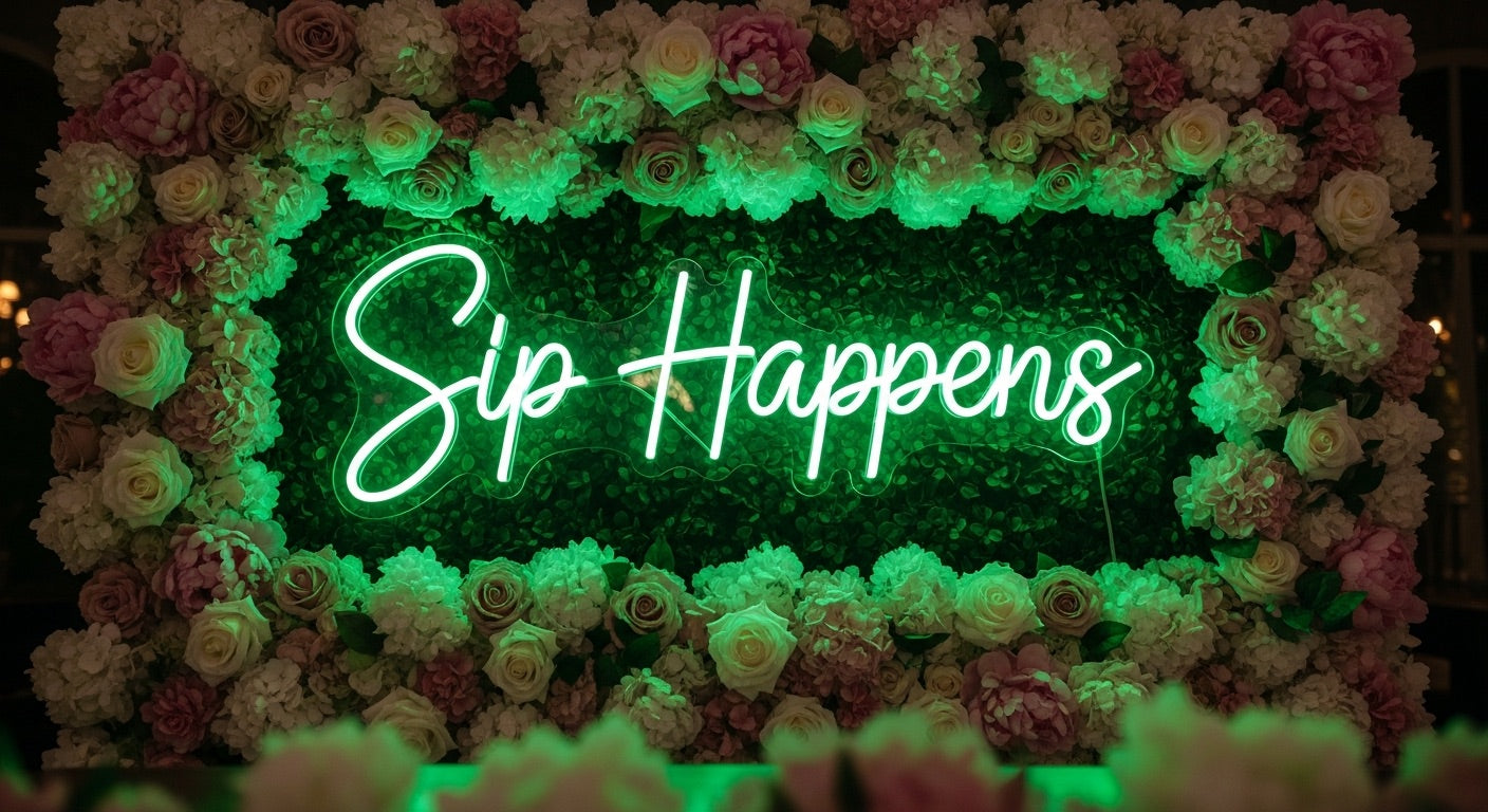Sip Happens Neon Sign - green neon on flower background