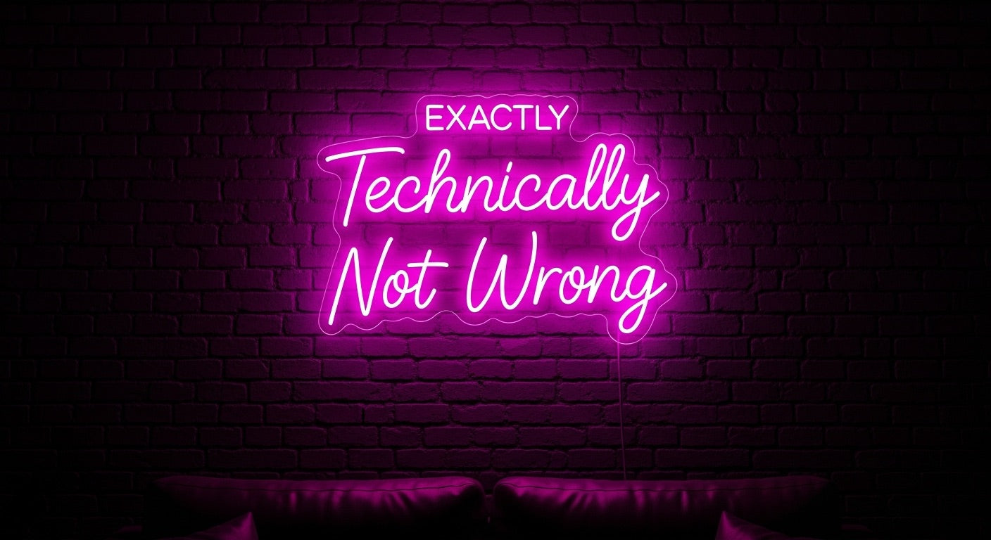 Technically Not Wrong Neon Sign - pink neon on brick background