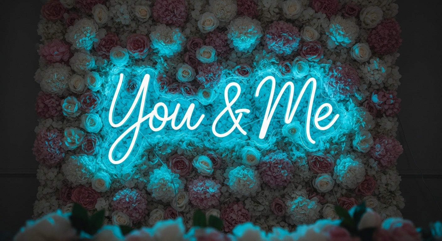 You & Me Neon Sign - ice blue neon on flower background