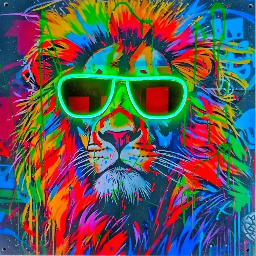 "Neon Graffiti Lion" Acrylic LED Wall Art